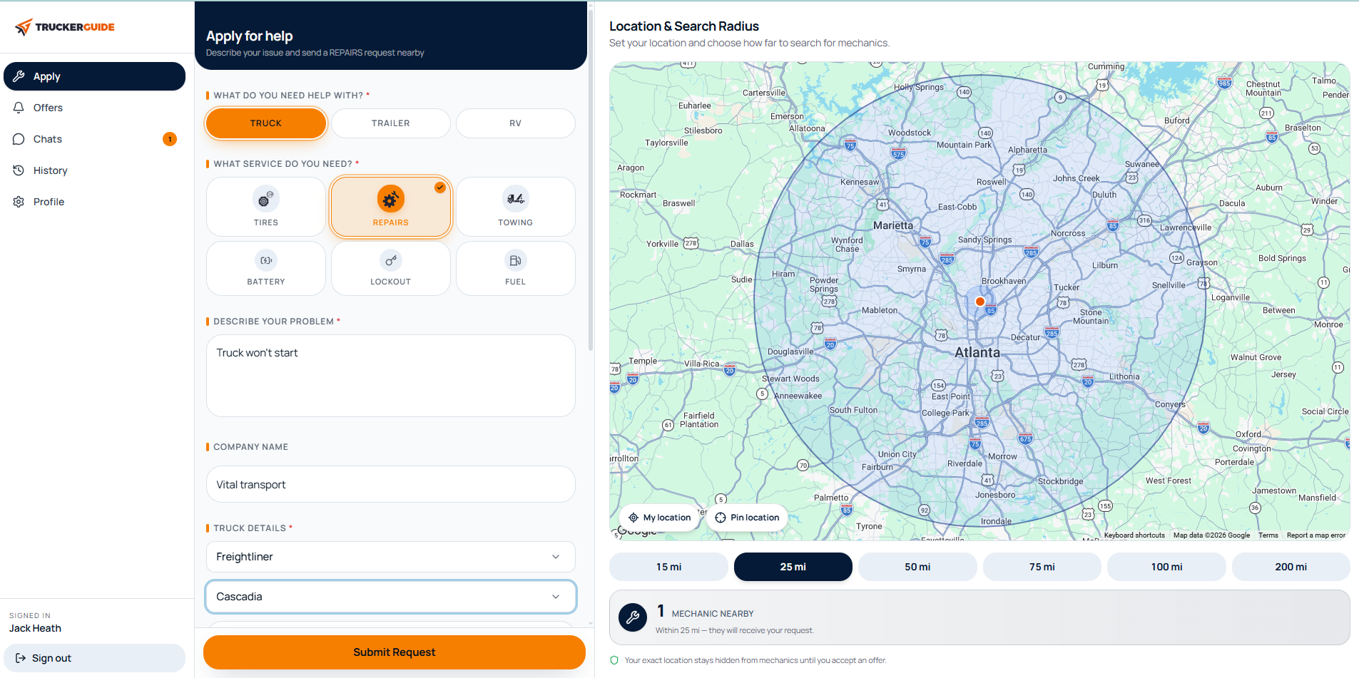 Trucker Guide driver portal — apply for roadside help